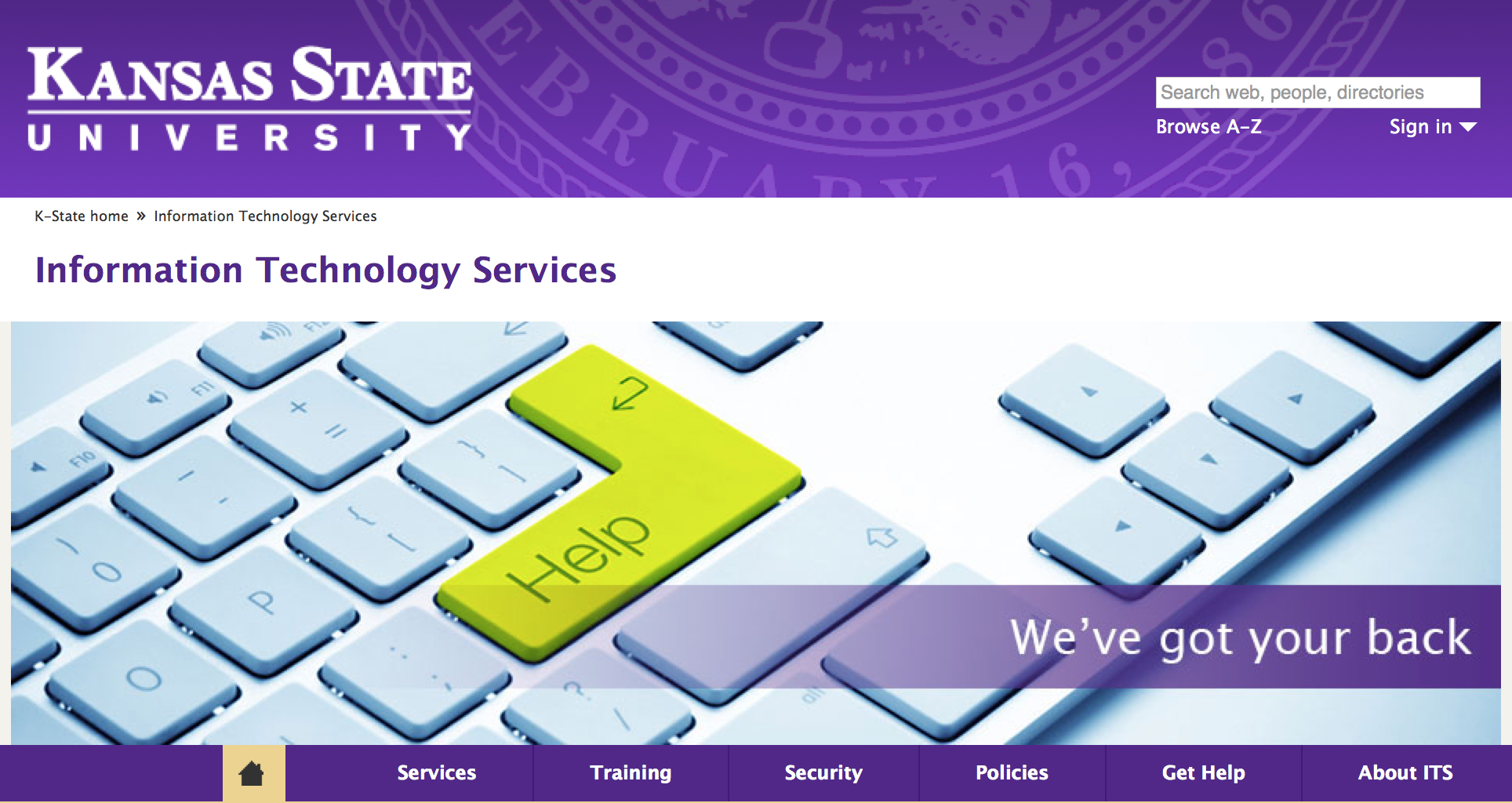 Webpage for Kansas State University's Information Technology Service Department. Featured Image for K-State Collegian Article: https://web.archive.org/web/20180227184726/https://www.kstatecollegian.com/2017/07/21/candidate-for-k-states-head-it-job-previously-hit-by-cyber-attacks/